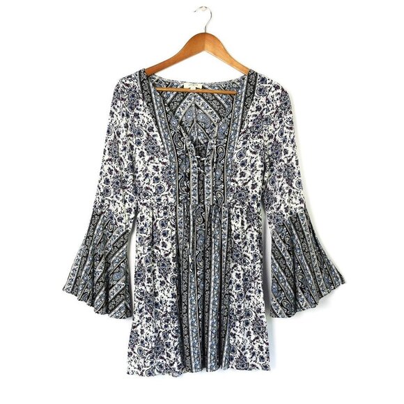 Umgee Tops - Umgee Floral Paisley Flare Sleeve Boho Tunic Small